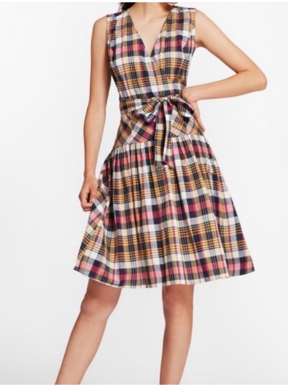 Brooks Brothers Plaid Wrap Midi Dress in Pink, Yellow, Navy and Cream